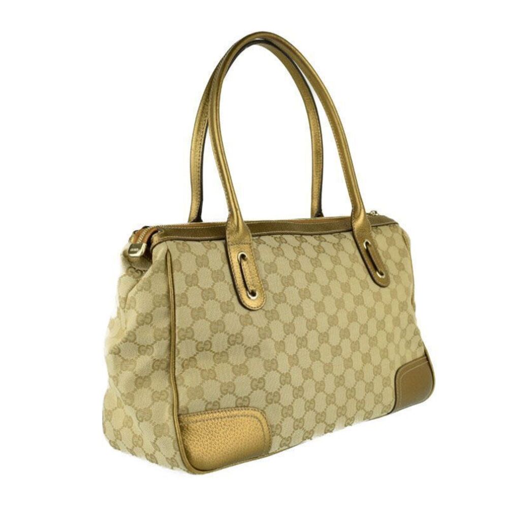 Gucci Bag Canvas ku Beige Princy Leather GG Gold Tote Tan Gold